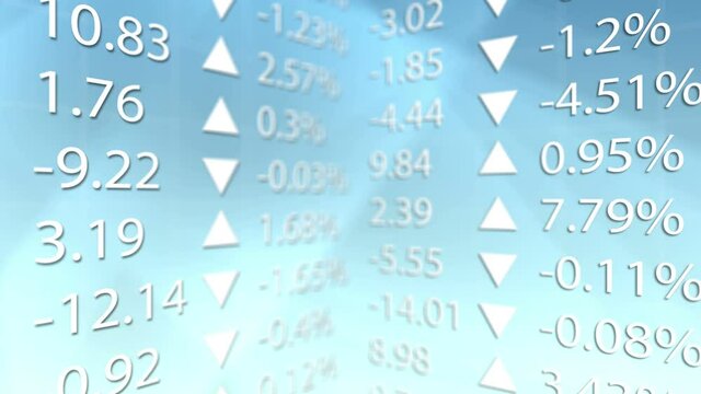 Two columns of white stock exchange numbers scroll up and down on a light blue background. The focus changes between columns.