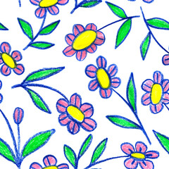 Seamless pattern with crayon drawn flowers. Simple floral elements. Natural illustration for wallpaper, wrapping paper, textile, surface design