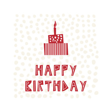 Happy Birthday card with cake. Simple cartoon flat vector illustration