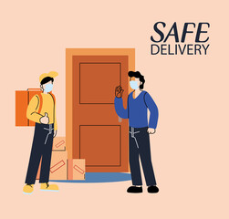 men with masks delivering and receiving secure package