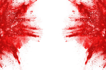 Freeze motion of red powder exploding, isolated on white background. Abstract design of red dust cloud. Particles explosion screen saver, wallpaper