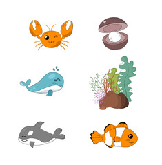 Set sea creatures in deep sea. For poster, design, Teaching media. World ocean day and save ocean. Protect the environment. Vector.