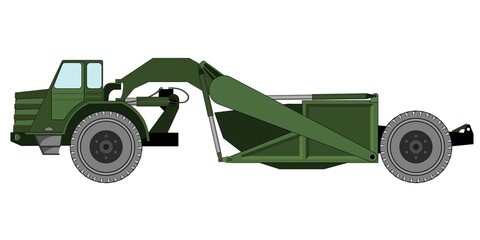 Self-propelled scraper, construction and road construction equipment used for moving soil, vector illustration, isolated on a white background