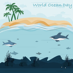 World ocean day and save ocean. Protect the environment. Summer day. Vector.