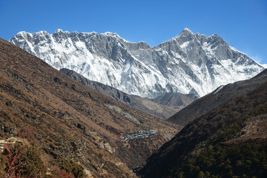 The enormous wall between Nuptse and Lhotse dwarfs the village of Shomare.