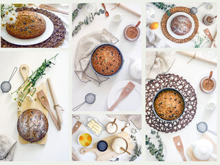 Homemade pie with poppy seeds and nuts collage. A collection of 6 photos of different sizes of a delicious cake with poppy seeds on a light background