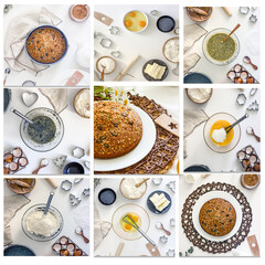 Step-by-step instructions for a poppy seed pie recipe. A collage of 10 photos of how to make a homemade pie with eggs, butter, flour and poppy seeds. Top view, flat lay, Square size, instagram food