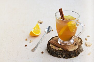 Apple cider with spices. Alcoholic or non-alcoholic hot drink made from fresh unfiltered apple...