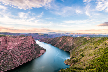 Aerial above view from Canyon Rim trail overlook near campground in Flaming Gorge Utah National...