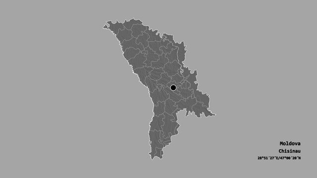 Drochia, district of Moldova, with its capital, localized, outlined and zoomed with informative overlays on a bilevel map in the Stereographic projection. Animation 3D