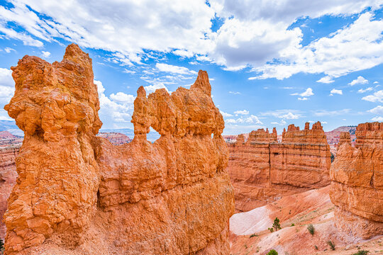 High angle above aerial view of hoodoos orange rock formations at Bryce Canyon National Park in Utah Queens Garden Navajo Loop trail