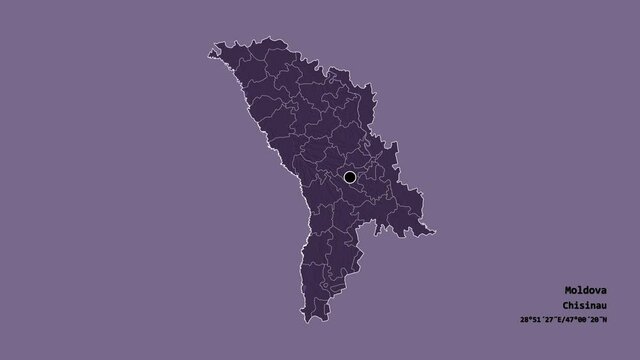 Floreşti, district of Moldova, with its capital, localized, outlined and zoomed with informative overlays on a administrative map in the Stereographic projection. Animation 3D