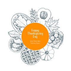 Thanksgiving day top view vector illustration. Food label hand drawn sketch. Festive dinner with turkey and potato. Autumn food sketch. Engraved image.