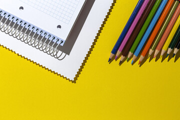 Back to school supplies, notebooks, colored pencils