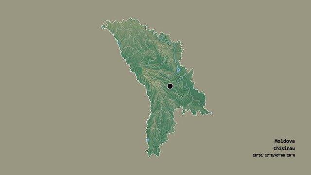 Floreşti, district of Moldova, with its capital, localized, outlined and zoomed with informative overlays on a relief map in the Stereographic projection. Animation 3D