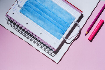 Back to school supplies, notebooks, colored pencils