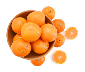 orange mandarines heap in wooden bowl on white