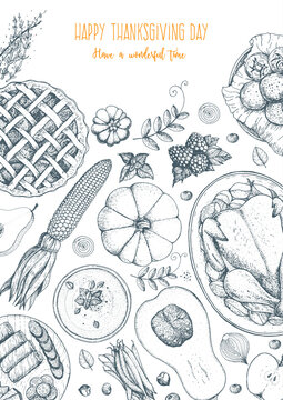 Thanksgiving day top view vector illustration. Food hand drawn sketch. Festive dinner with turkey and potato, corn, grilled vegetables, berries. Autumn food sketch. Engraved image.