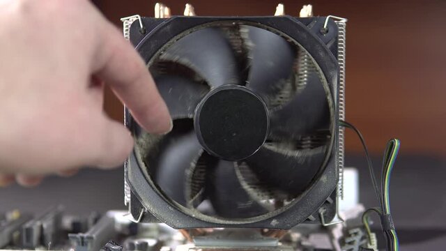 Demonstration of dust pollution. Dirty cooler and CPU heatsink from dust. 4k.