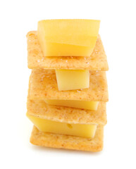 Delicious crackers with cheese on white background