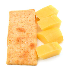 Delicious crackers with cheese on white background