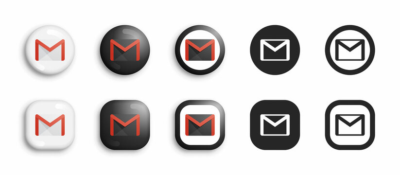 Gmail Vector Icons Set In Modern 3D And Black Flat Style Isolated On White Background. Popular Postal Service Google App Gmail Logo In Different Styles Isolated On White Backdrop