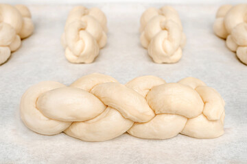 Homemade yeast dough braided in single portion buns. Traditional Swiss butter bread recipe called Zopf or Butterzopf. The braided small breads are on a baking paper, waiting to be baked.