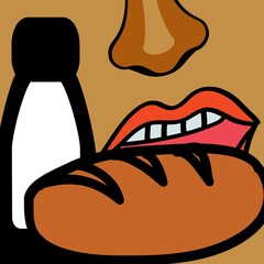 mouth biting a loaf  beside of white bottle 