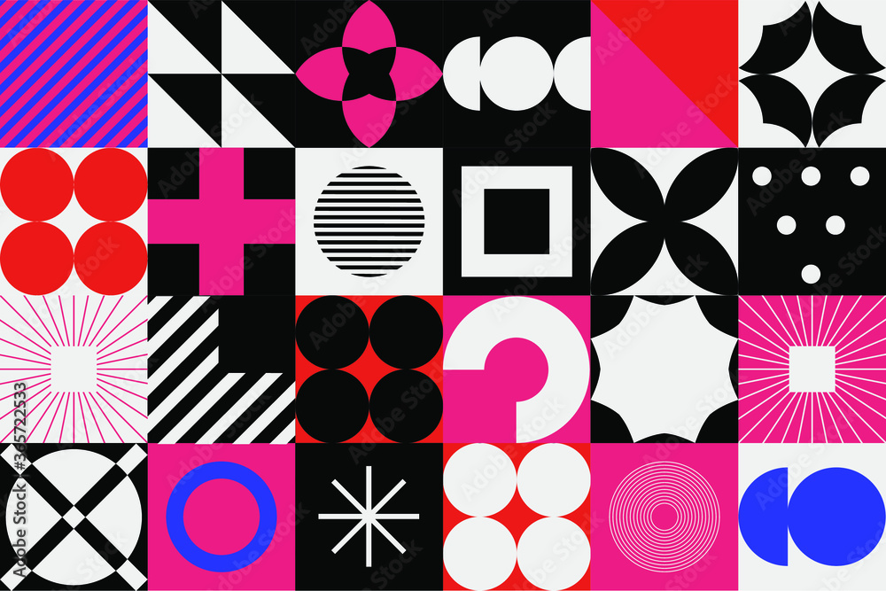 Poster mid-century modern geometric seamless pattern with bold simple shapes in bauhaus and neo-memphis ret