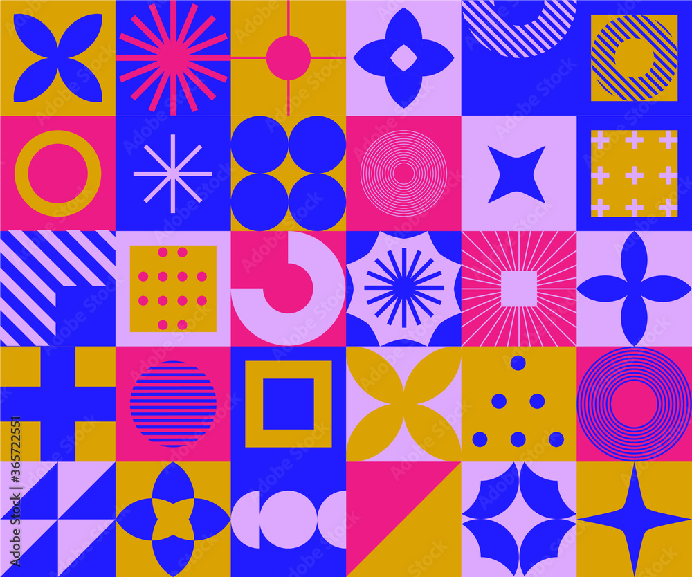 Poster mid-century modern geometric seamless pattern with bold simple shapes in bauhaus and neo-memphis ret