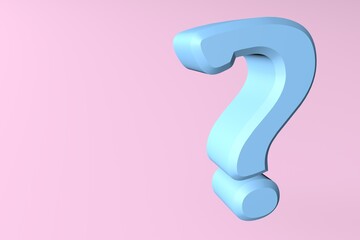 Blue question mark on a pink background. 3d rendering illustration with copy space. Mistery conception