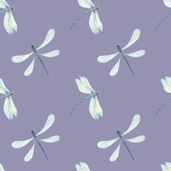 Seamless pattern with dragonflies on a colored background. Watercolor painting. Wallpaper with watercolor dragonflies. For fabrics, jewelry, and design.