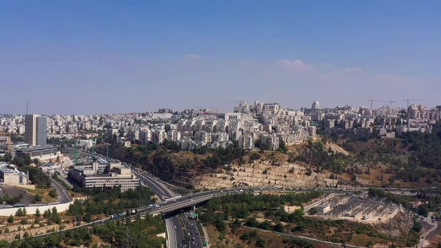 Jerusalem Hi tech Park And Romema neighbourhood, Aerial View
Drone view over Traffic, mount hotzvim, Romema and Belz Great Synagogue
