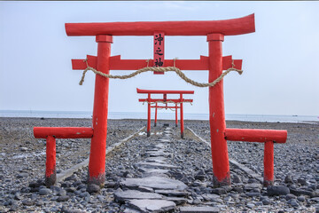 The Floating Torii Gate of Ouo Shrine in Ariake Sea, Tara town, Saga Prefecture, Japan. 大魚神社海中鳥居
