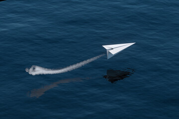 Jet paper plane fly over the ocean, 3d rendering.