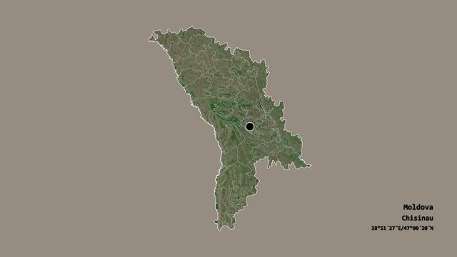 Transnistria, territorial unit of Moldova, with its capital, localized, outlined and zoomed with informative overlays on a satellite map in the Stereographic projection. Animation 3D