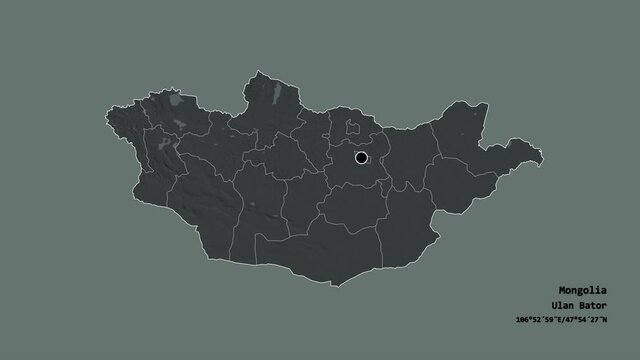 Arhangay, province of Mongolia, with its capital, localized, outlined and zoomed with informative overlays on a administrative map in the Stereographic projection. Animation 3D