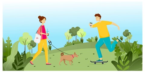City park. Young people boy and girl walking with a dog, skating, drinking coffee. Vector illustration.