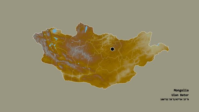Darhan-Uul, municipality of Mongolia, with its capital, localized, outlined and zoomed with informative overlays on a relief map in the Stereographic projection. Animation 3D