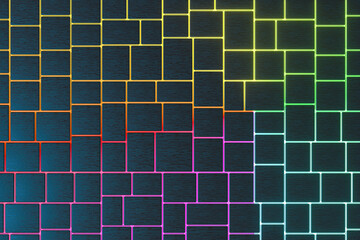 Tile cubes with colorful glowing gap, 3d rendering.