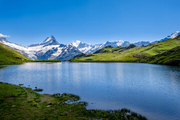 Picturesque view of mountain lake Bachalpsee with the snow capped peaks of Wetterhorn, Schreckhorn and finsteraarhorn in the background. Grindelwald, Jungfrau region, Switzerland