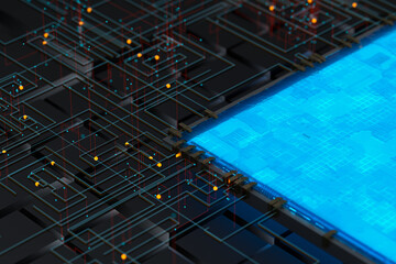 Circuit with glowing lines with dark background, 3d rendering.