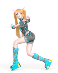blond girl in a super action pose wearing a sporty outfit on kwaii anime style in white background - obrazy, fototapety, plakaty