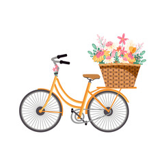 Bicycle with flowers on basket isolated white background, botanical flat illustrations. Spring flowers clip art. Seamless frame for poster