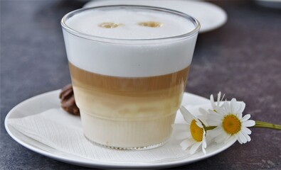 latte macchiato coffee drink in a glass cup on a white saucer and two white daisies

