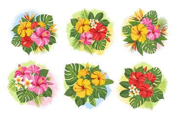 Colorful tropical flowers bouquets set. Floral composition with hibiscus, palm leaves and monstera on abstract colorful blot. Vector illustration.