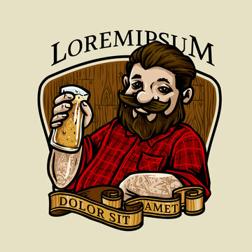 Bearded Man With A Glass Of Root Beer Vector Badge Design