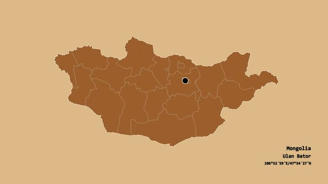 Hovd, province of Mongolia, with its capital, localized, outlined and zoomed with informative overlays on a solid patterned map in the Stereographic projection. Animation 3D