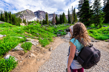 Albion Basin, Utah pine trees with woman taking pictures on summer Cecret Lake trail in 2019 in Wasatch mountains with rocky snow Devil's Castle mountain