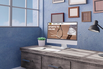 Desktop computer on the table of the office mockup 3d rendering. 3d illustration . sports online concept